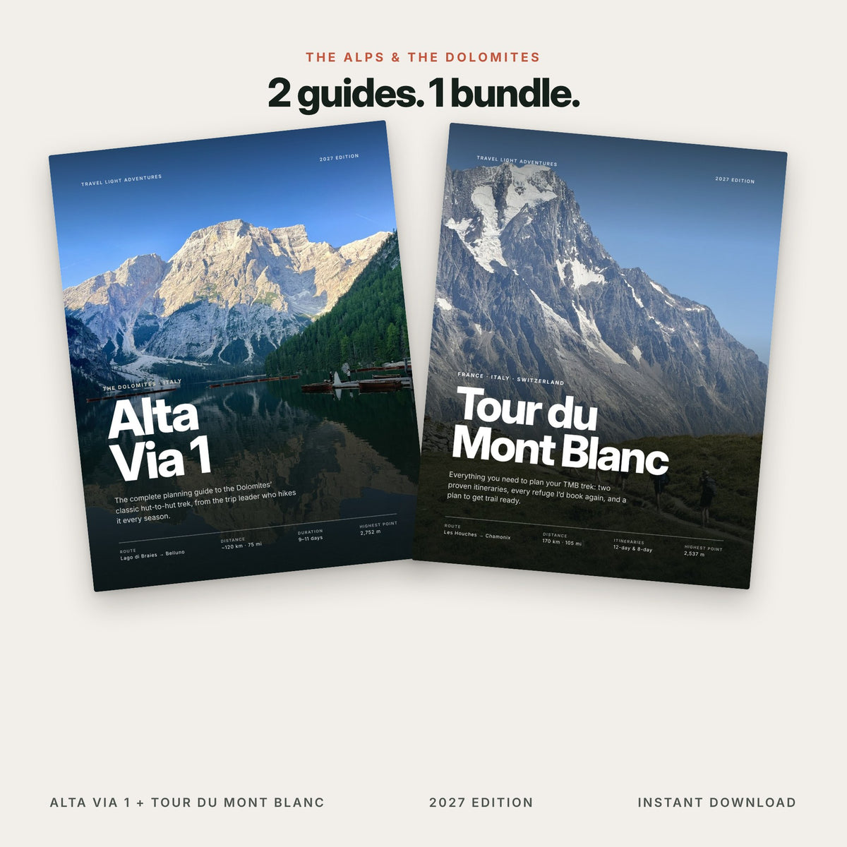 Alta Via 1 and Tour du Mont Blanc digital guide bundle, 2027 Edition covers side by side