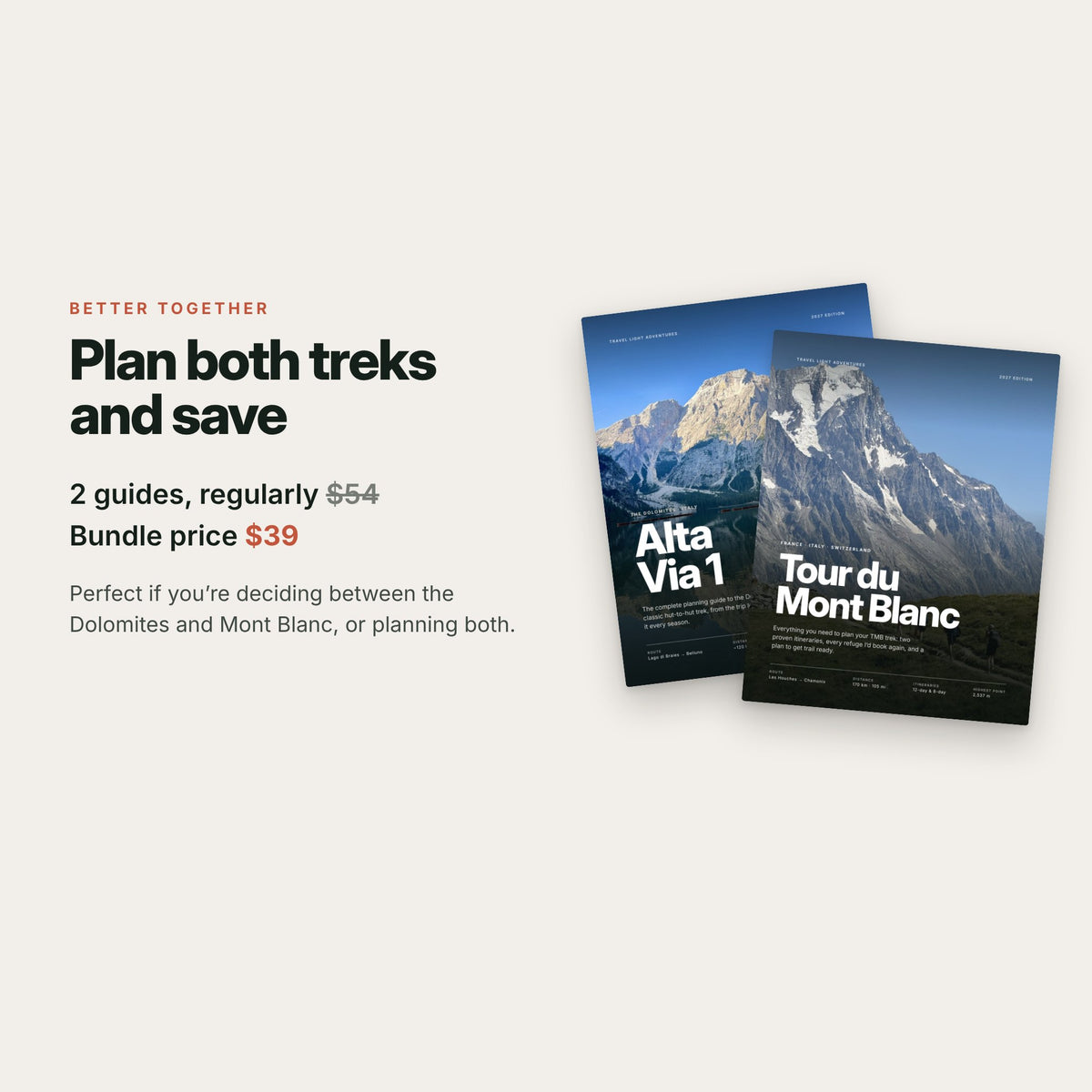 Alta Via 1 and Tour du Mont Blanc guides together for $39, regularly $54 when bought separately