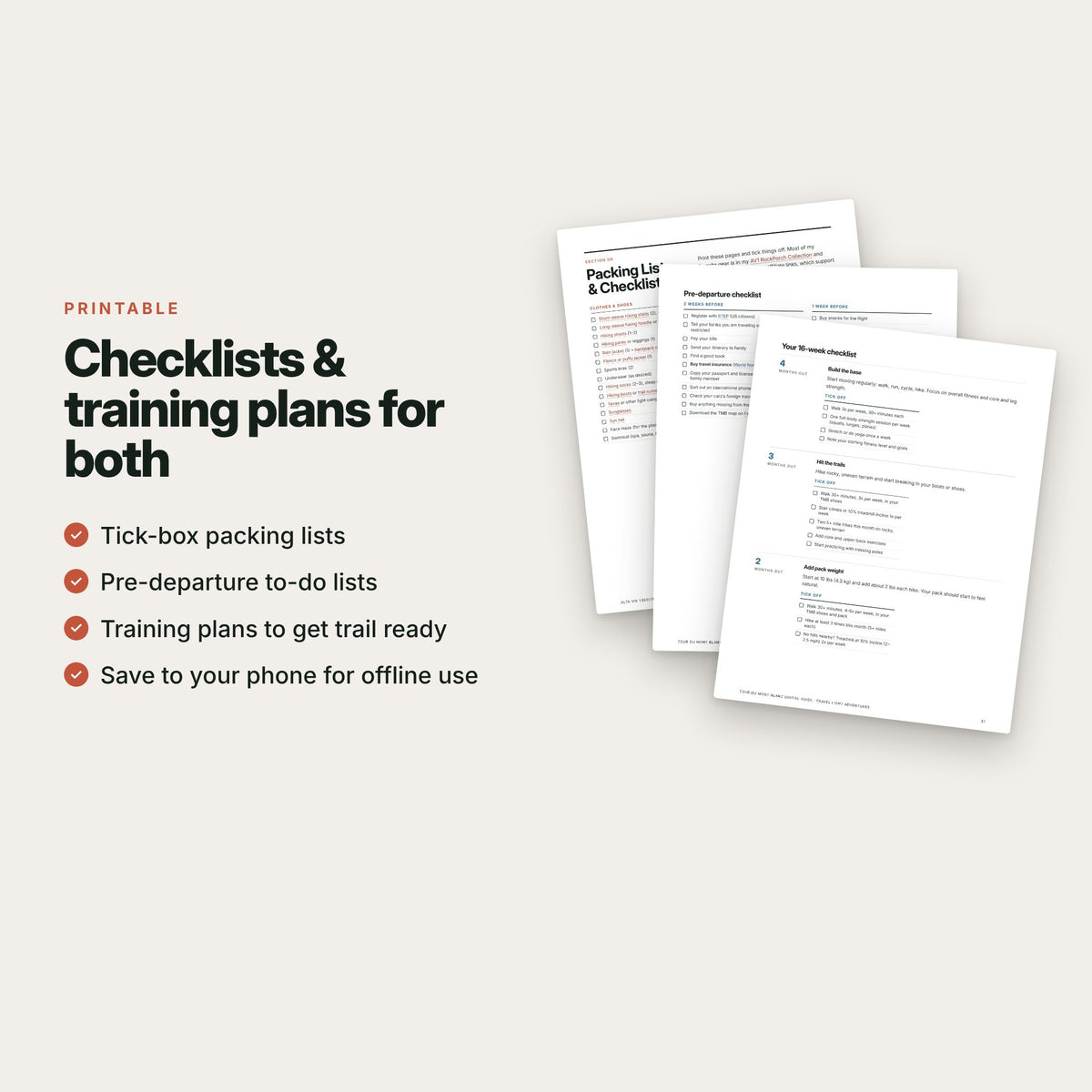 Printable packing lists, pre-departure checklists and training plans for both the Alta Via 1 and Tour du Mont Blanc