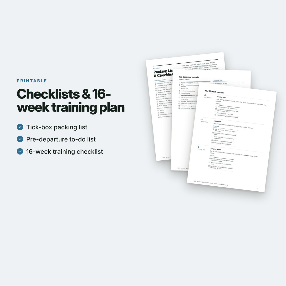Printable Tour du Mont Blanc packing list, pre-departure checklist and 16-week training checklist