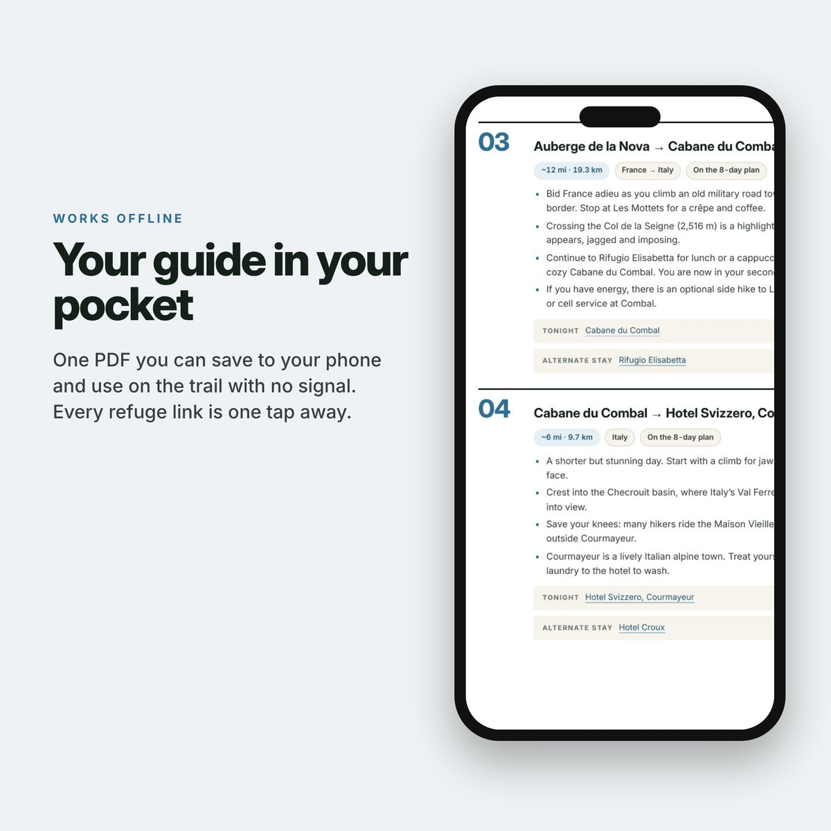 Tour du Mont Blanc guide open on a phone for offline use on the trail